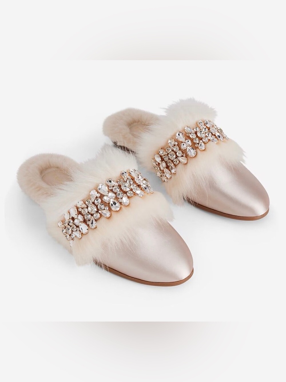 Express Pearl Pink Jeweled Faux-Fur Slip-On Mules